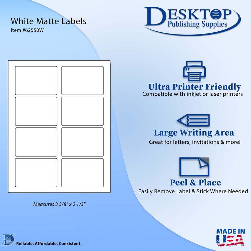 Desktop Publishing Supplies ملصقات أسماء لاصقة، 8 ملصقات لكل ورقة، 3 3/8" × 2 1/3" - 25 ورقة / 200 ملصق - تشطيب مات أبيض قابل للطباعة لطابعات الحبر/الليزر - Image 2